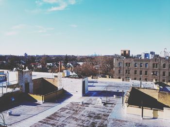 High angle view of buildings against sky