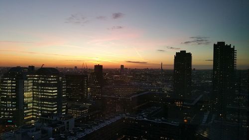 City skyline at sunset