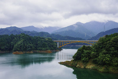 Bridge over river against mountain