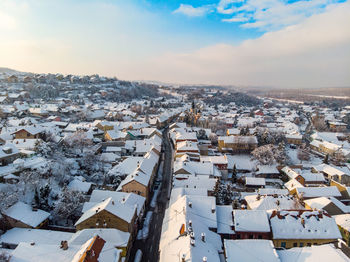 High angle view of townscape against sky during winter