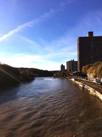 River by buildings in city against sky