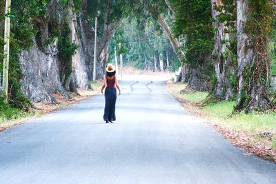 Man on road amidst trees in forest