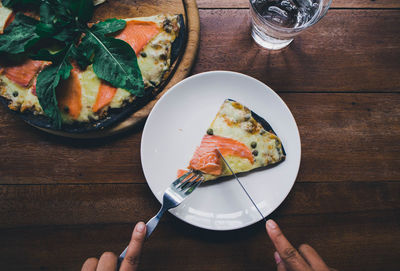 High angle view of food in plate on table