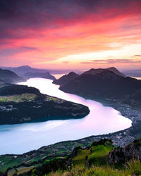 The view during golden hour on top of the fronalpstock in the alps mountain range in switzerland