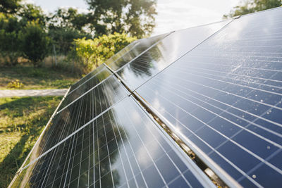 Solar panels in backyard on sunny day