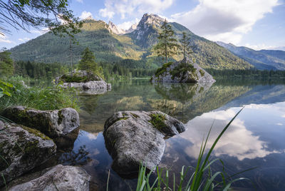 Scenic view of lake and mountains against sky