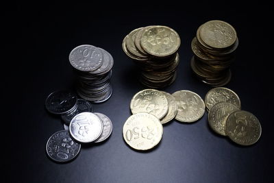 High angle view of coins on table