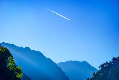 Scenic view of mountains against clear blue sky