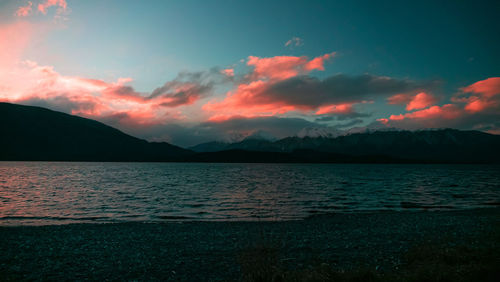 Scenic view of lake against sky during sunset