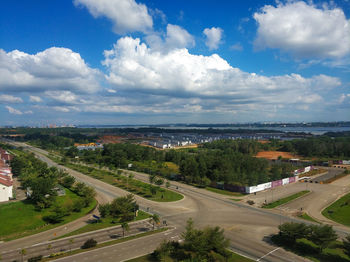 High angle view of city against sky