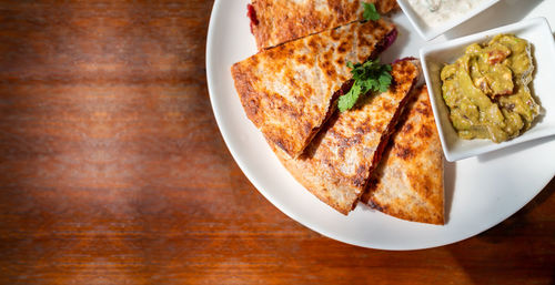 High angle view of breakfast served on table