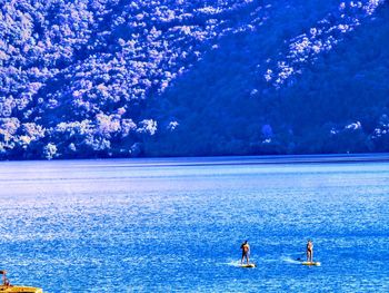 People on lake against trees