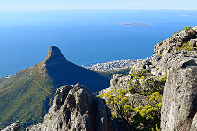 Scenic view of sea and rocks against blue sky
