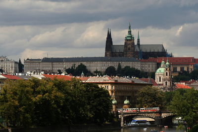 View of buildings in city against cloudy sky