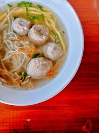 High angle view of soup in bowl on table