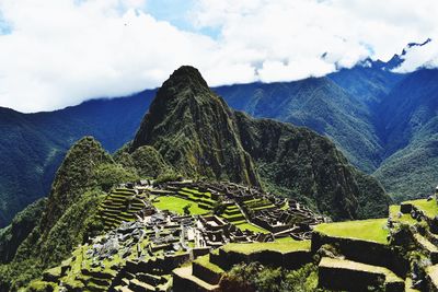 Scenic view of mountains against cloudy sky at machu picchu