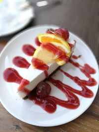 Close-up of dessert served on table