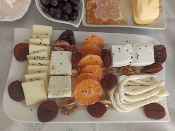 High angle view of breakfast served on table