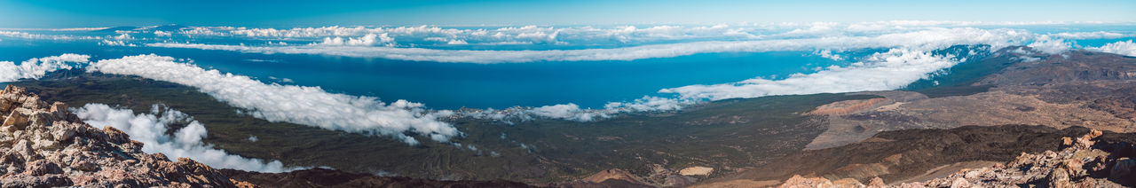 Panoramic view of sea and mountains against sky