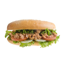 Close-up of burger against white background