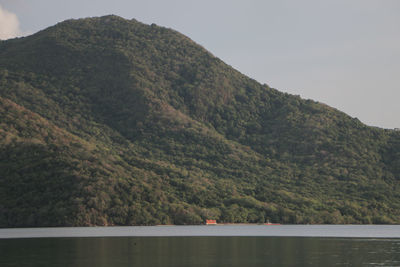Scenic view of lake and mountains against sky