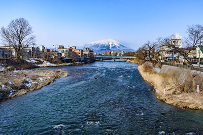 Scenic view of calm river against clear blue sky