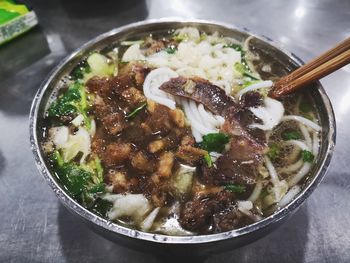 High angle view of food in bowl on table