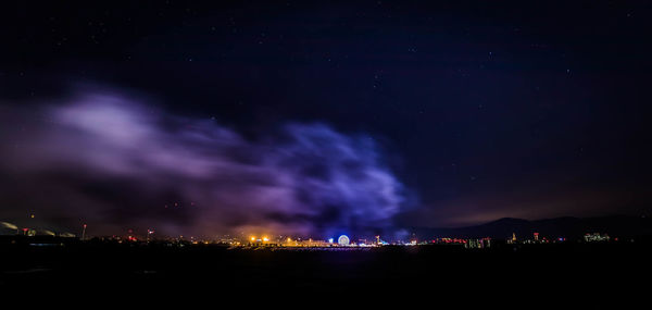 Panoramic view of illuminated cityscape against sky at night