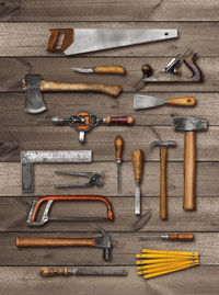 High angle view of objects on wood