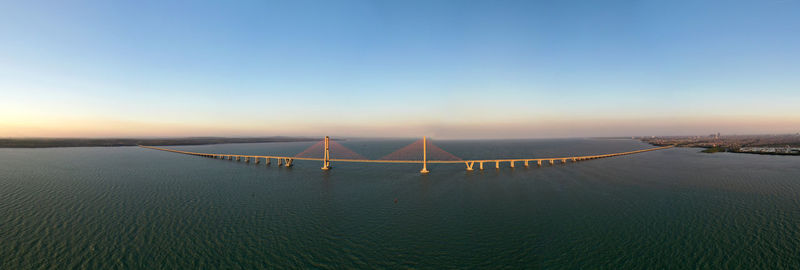 Panoramic view of bay against clear sky