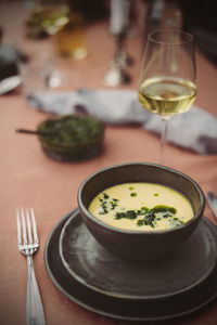 Close-up of drink served on table