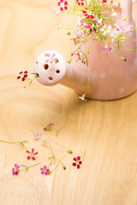 High angle view of pink flowers on table