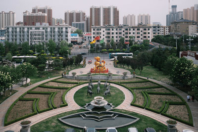 High angle view of buildings in city