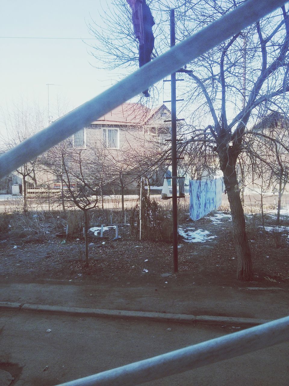 tree, transportation, road, bare tree, railing, railroad track, glass - material, built structure, day, transparent, metal, street, architecture, sky, no people, window, connection, branch, fence, wet