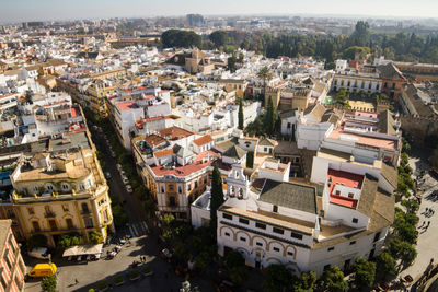 High angle view of buildings in town