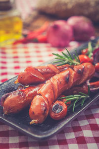 Close-up of fresh seafood in plate on table