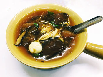 High angle view of soup in bowl