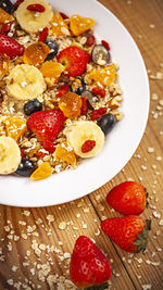 High angle view of breakfast served on table