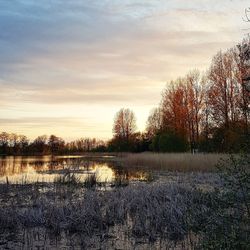 Scenic view of lake against sky during sunset