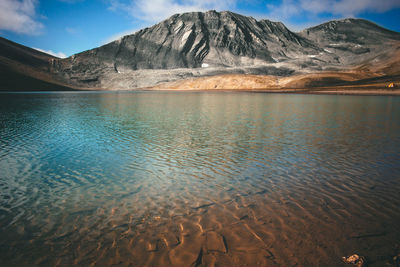 Scenic view of lake and mountains against sky