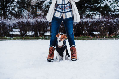 Low section of woman standing on snow covered field