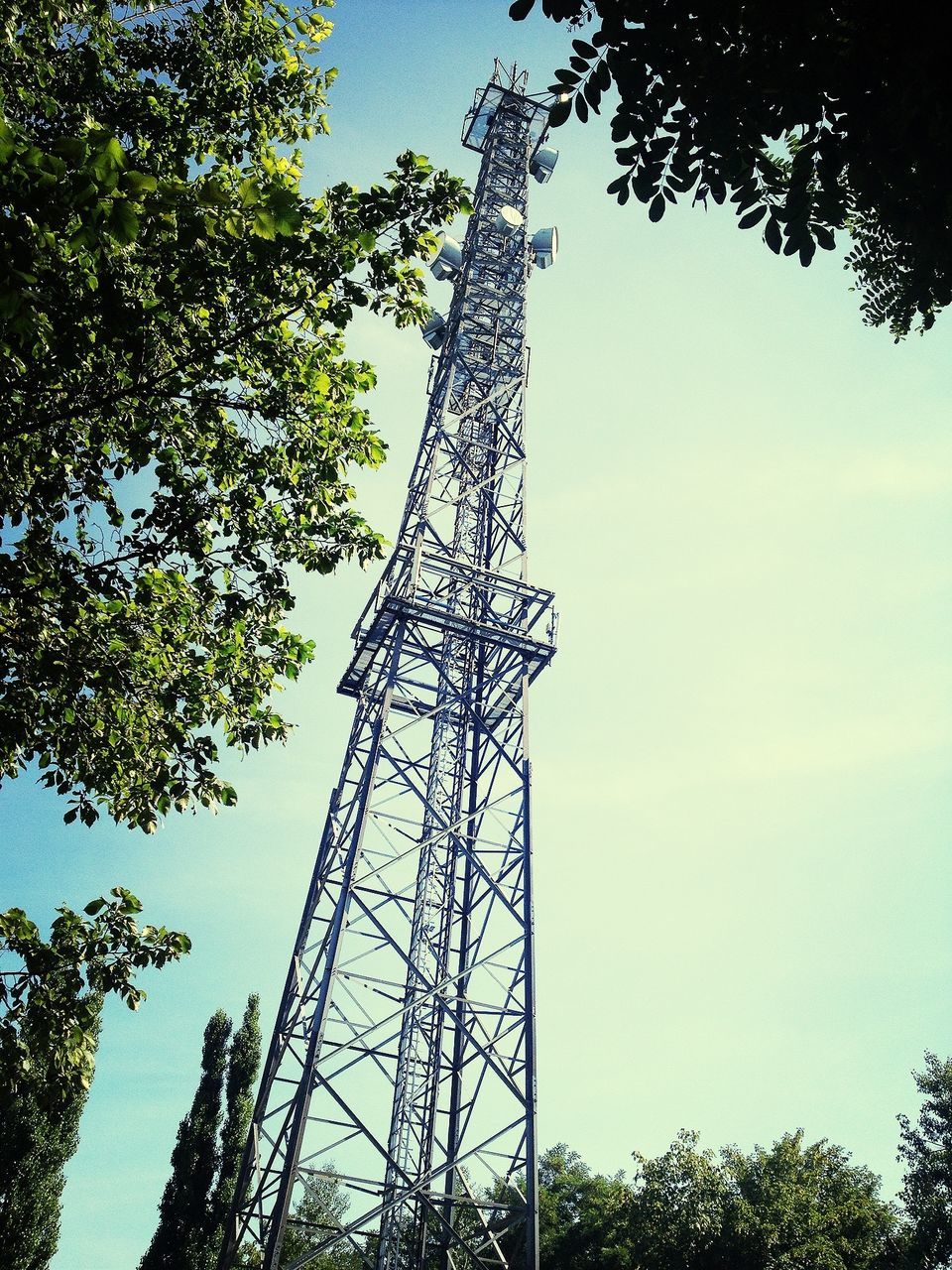 low angle view, tree, tall - high, tower, sky, built structure, branch, clear sky, metal, silhouette, communications tower, bare tree, architecture, technology, eiffel tower, outdoors, fuel and power generation, day, no people, tall