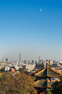 View of buildings against clear blue sky