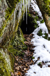 Stream flowing through rocks in winter