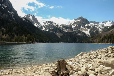 Scenic view of lake by mountains against sky