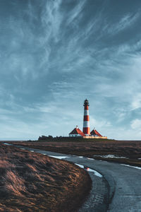 Westerheversand lighthouse on the north sea a landmark of the eiderstedt peninsula in germany.