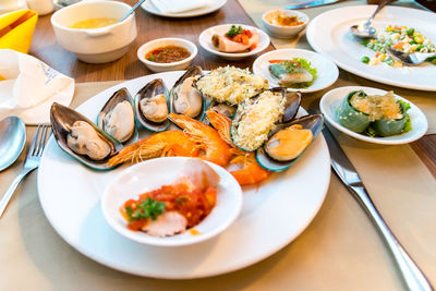 High angle view of meal served on table