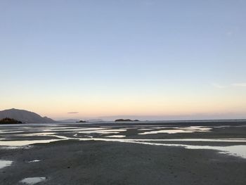 Scenic view of beach against sky during sunset