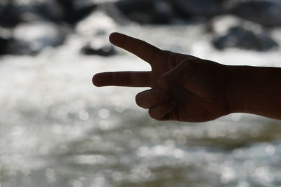 Cropped hand showing peace sign against lake