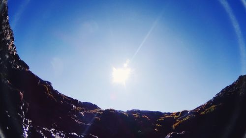 Low angle view of mountain range against clear blue sky